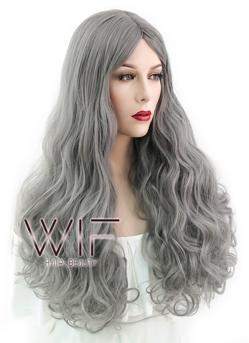 27" Long Curly Grey Fashion Synthetic Hair Wig WIG146