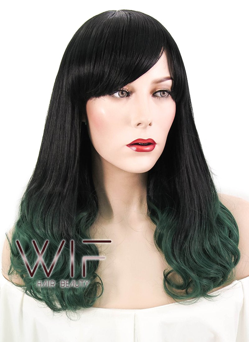 17" Medium Wavy Black Dark Green Ombre Synthetic Wig WIG156