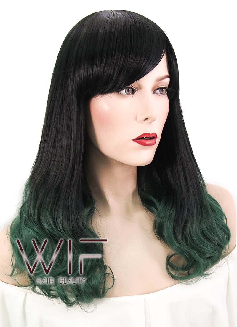 17" Medium Wavy Black Dark Green Ombre Synthetic Wig WIG156
