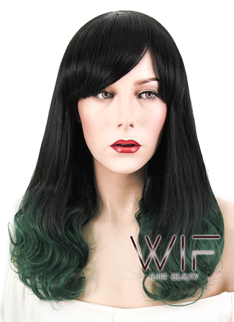 17" Medium Wavy Black Dark Green Ombre Synthetic Wig WIG156