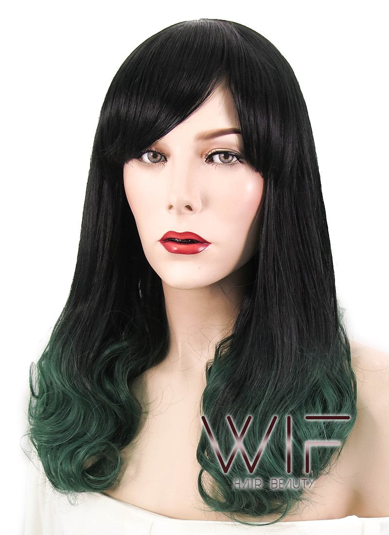 17" Medium Wavy Black Dark Green Ombre Synthetic Wig WIG156