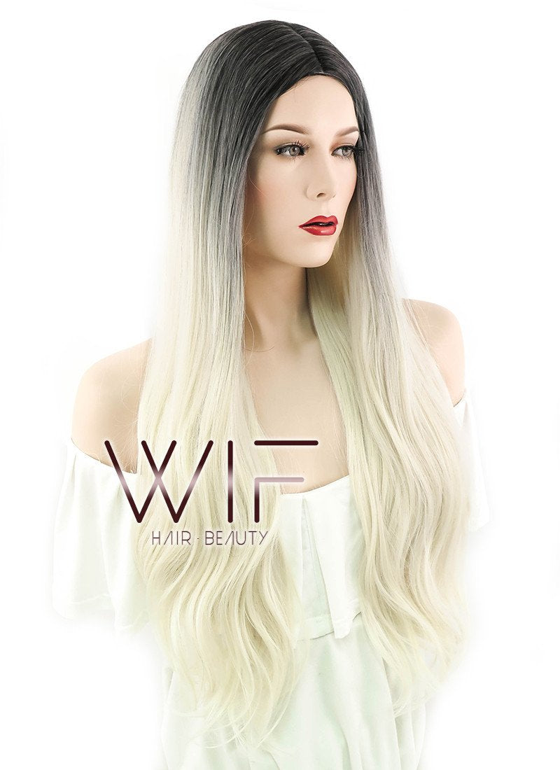 26" Wavy Light Blonde With Dark Roots Synthetic Wig WIG163