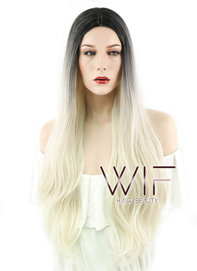 26" Wavy Light Blonde With Dark Roots Synthetic Wig WIG163