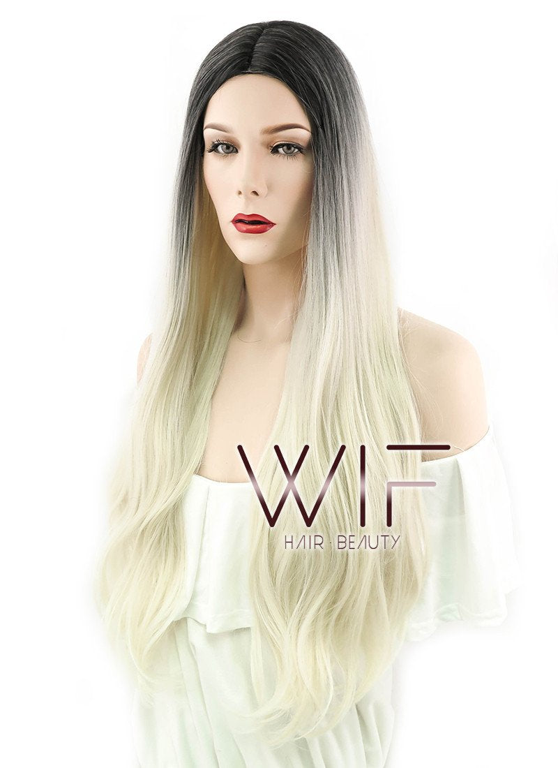 26" Wavy Light Blonde With Dark Roots Synthetic Wig WIG163