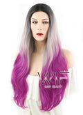 28" Wavy Grey Magenta Ombre With Dark Roots Synthetic Wig WIG167