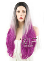 28" Wavy Grey Magenta Ombre With Dark Roots Synthetic Wig WIG167