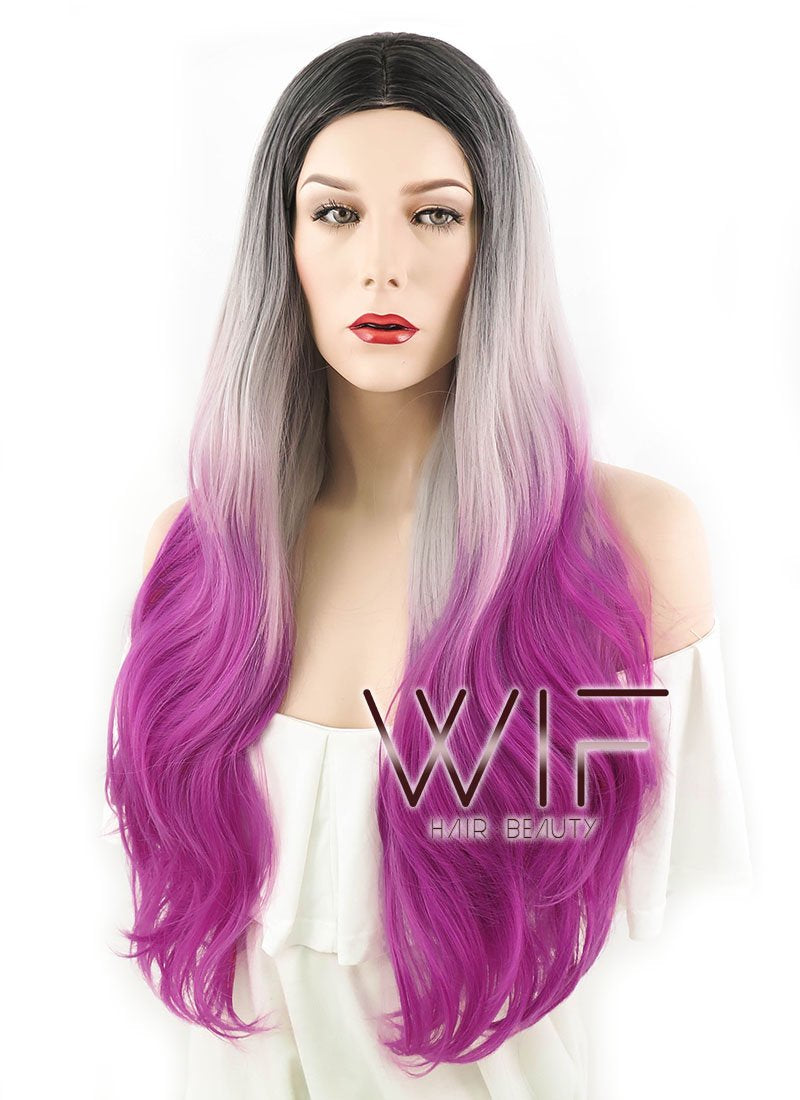 28" Wavy Grey Magenta Ombre With Dark Roots Synthetic Wig WIG167