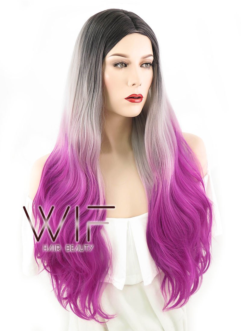 28" Long Wavy Black Grey Purple Mixed Fashion Synthetic Hair Wig WIG167