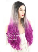 28" Long Wavy Black Grey Purple Mixed Fashion Synthetic Hair Wig WIG167