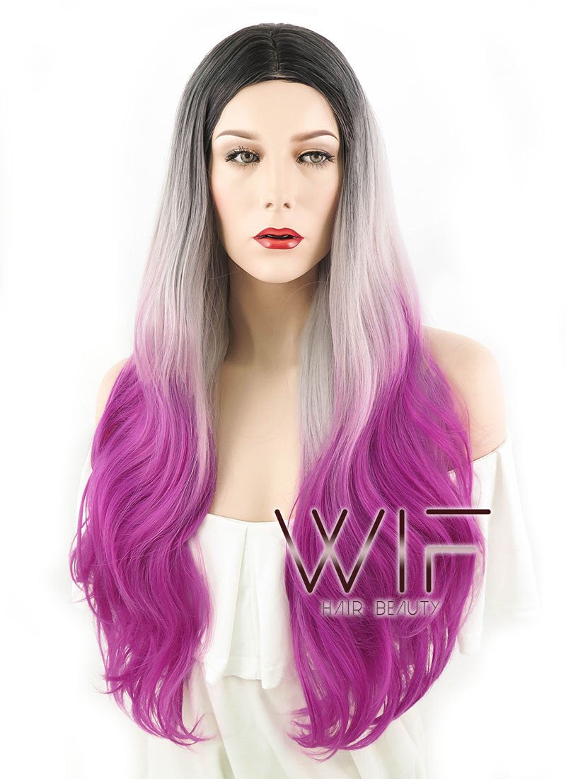 28" Long Wavy Black Grey Purple Mixed Fashion Synthetic Hair Wig WIG167