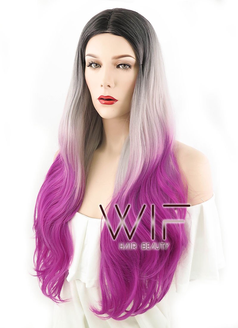 28" Long Wavy Black Grey Purple Mixed Fashion Synthetic Hair Wig WIG167