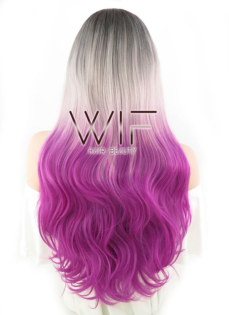 28" Long Wavy Black Grey Purple Mixed Fashion Synthetic Hair Wig WIG167