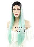 27" Straight Light Green With Dark Roots Synthetic Wig WIG168
