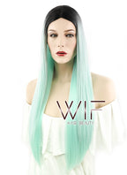 27" Straight Light Green With Dark Roots Synthetic Wig WIG168