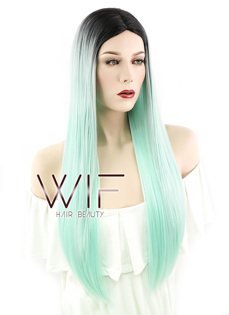 27" Straight Light Green With Dark Roots Synthetic Wig WIG168