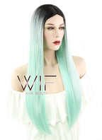 27" Straight Light Green With Dark Roots Synthetic Wig WIG168