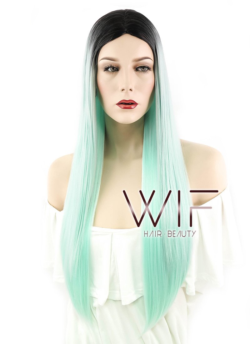 27" Straight Light Green With Dark Roots Synthetic Wig WIG168
