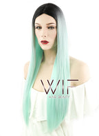 27" Straight Light Green With Dark Roots Synthetic Wig WIG168