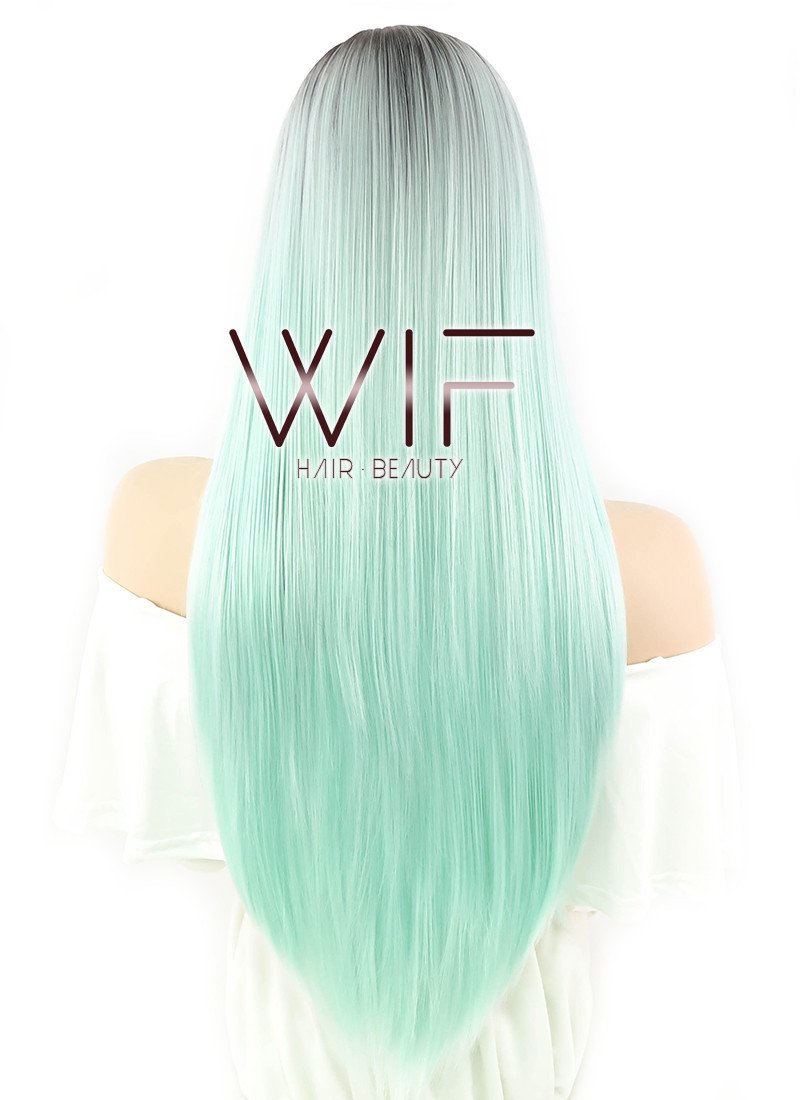 27" Straight Light Green With Dark Roots Synthetic Wig WIG168
