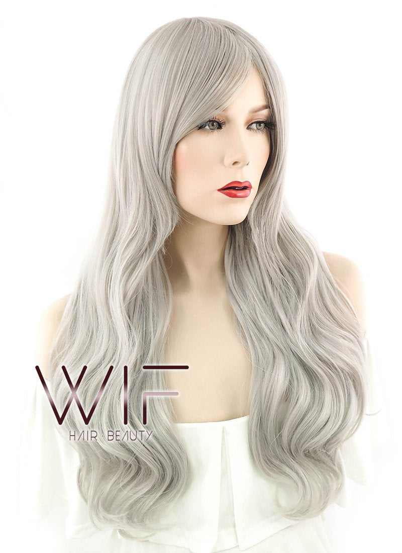 27" Long Curly Silver Grey Fashion Synthetic Hair Wig WIG176
