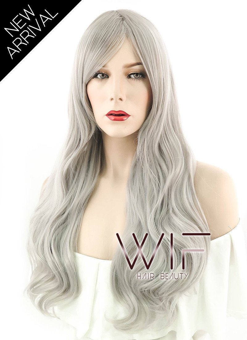 27" Long Curly Silver Grey Fashion Synthetic Hair Wig WIG176