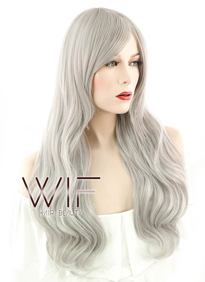 27" Long Curly Silver Grey Fashion Synthetic Hair Wig WIG176