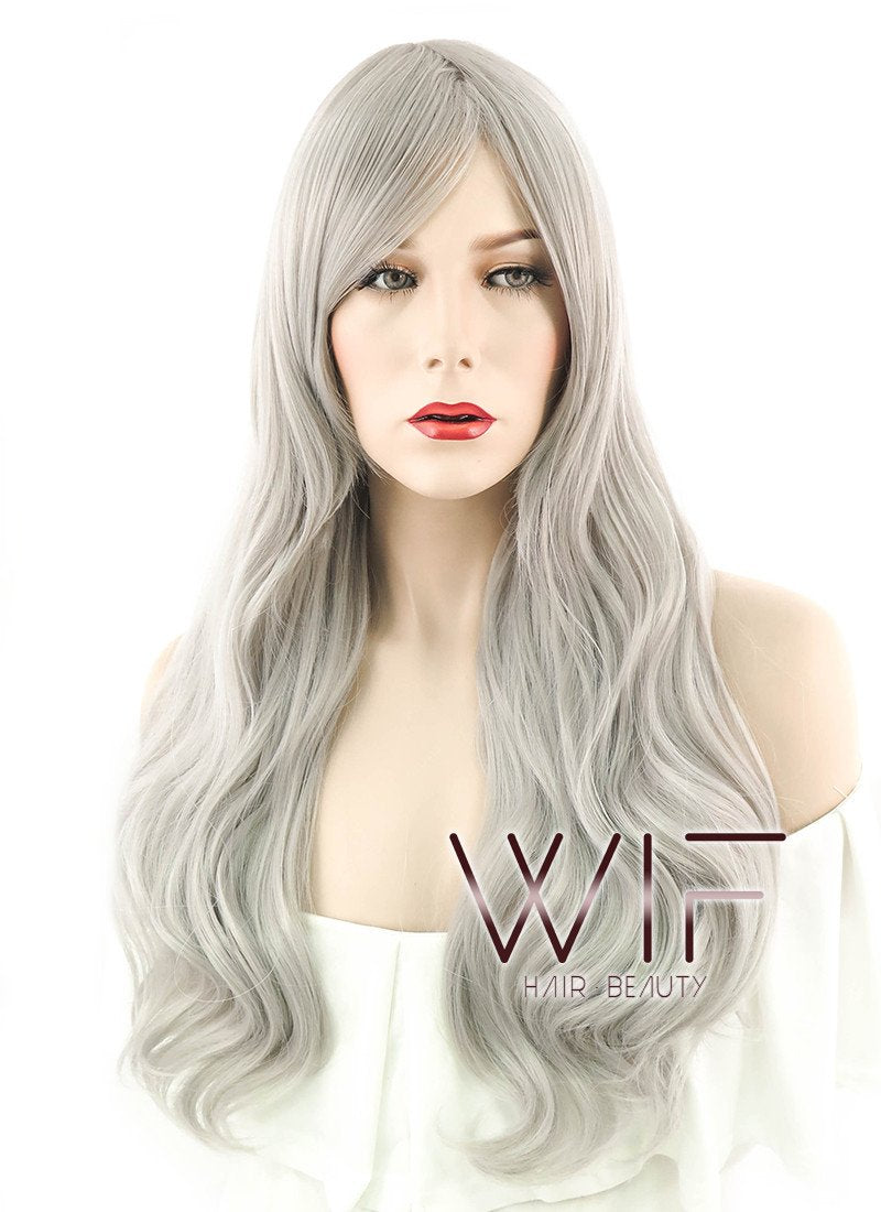 27" Long Curly Silver Grey Fashion Synthetic Hair Wig WIG176