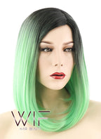 14" Medium Wavy Green with Dark Roots Fashion Synthetic Hair Wig WIG192