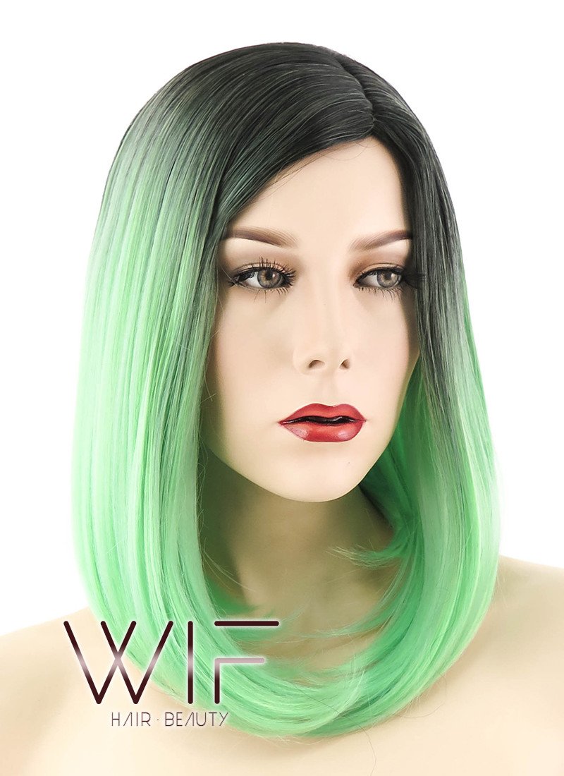 14" Medium Wavy Green with Dark Roots Fashion Synthetic Hair Wig WIG192