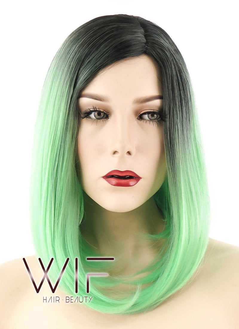 14" Medium Wavy Green with Dark Roots Fashion Synthetic Hair Wig WIG192