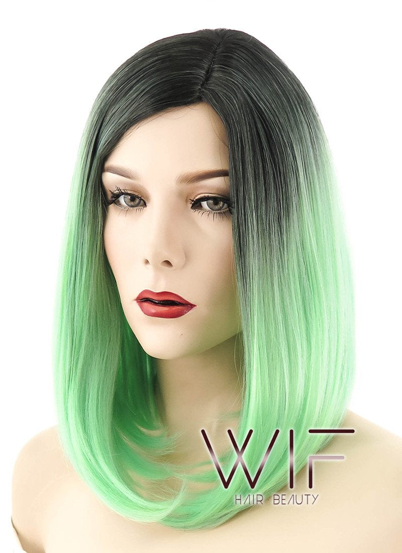 14" Medium Wavy Green with Dark Roots Fashion Synthetic Hair Wig WIG192