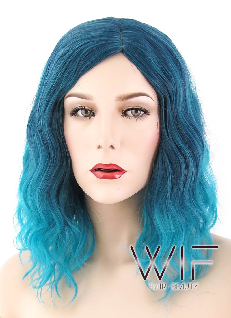 14" Wavy Two Tone Greenish Blue Synthetic Wig WIG196