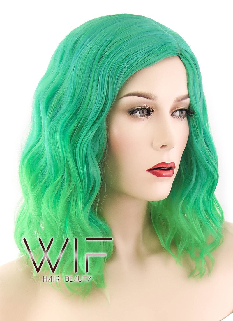 14" Medium Curly Two Tone Green Fashion Synthetic Hair Wig WIG198