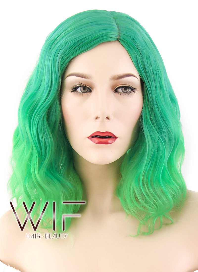 14" Medium Curly Two Tone Green Fashion Synthetic Hair Wig WIG198