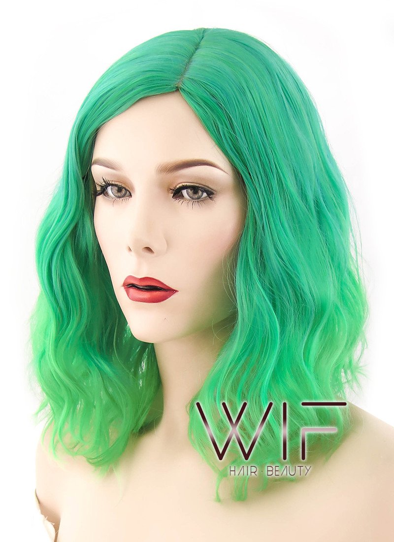 14" Medium Curly Two Tone Green Fashion Synthetic Hair Wig WIG198