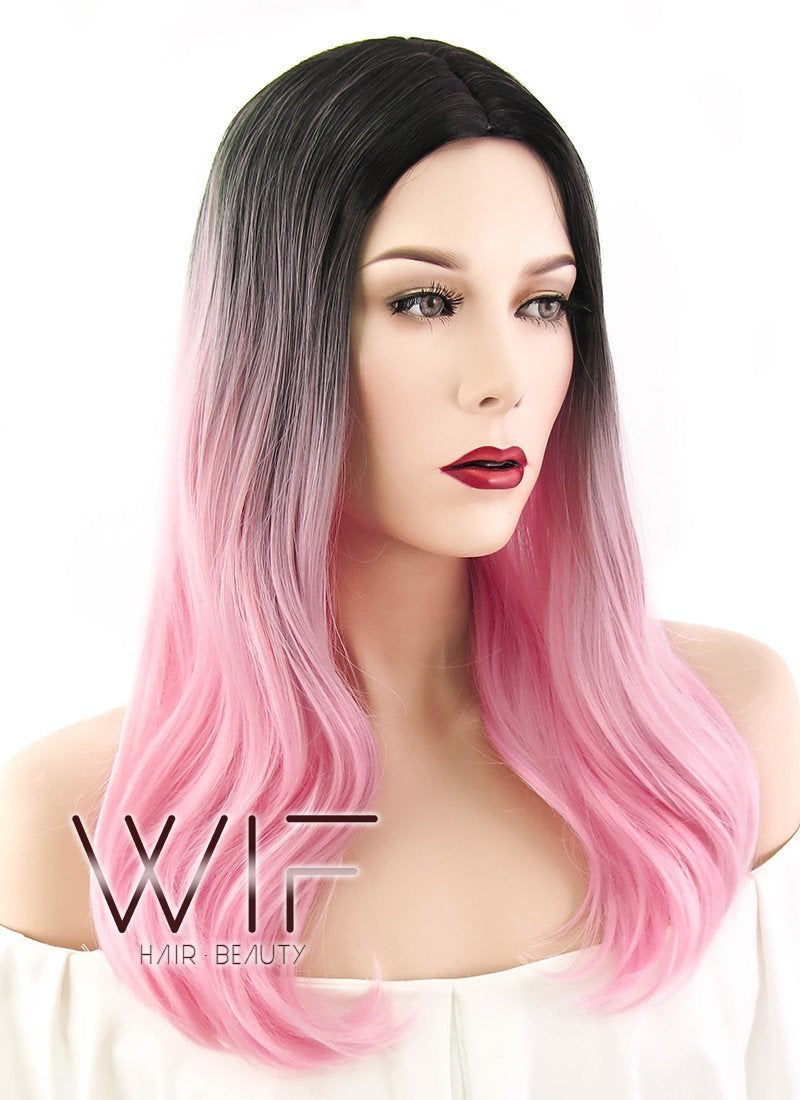 20" Long Wavy Pink with Dark Roots Fashion Synthetic Hair Wig WIG205