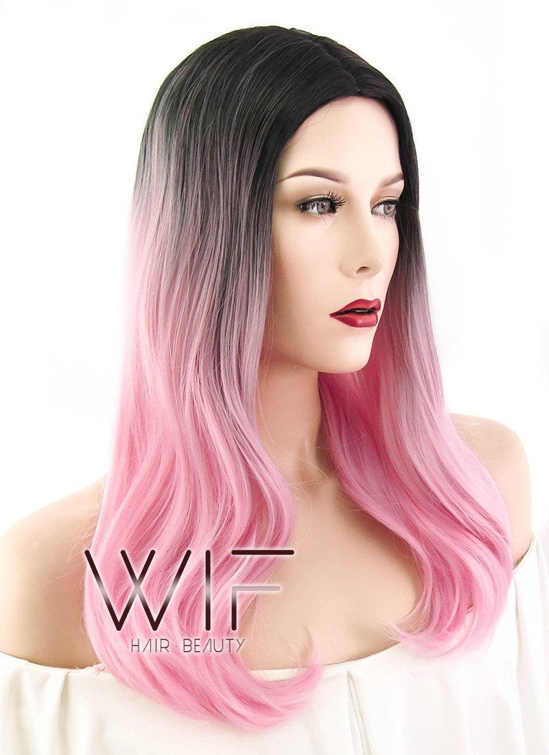 20" Long Wavy Pink with Dark Roots Fashion Synthetic Hair Wig WIG205