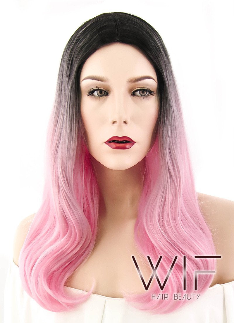 20" Long Wavy Pink with Dark Roots Fashion Synthetic Hair Wig WIG205