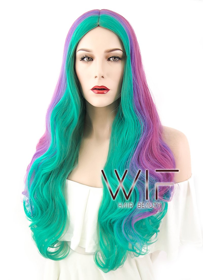 24" Wavy Pink Purple Green Mixed Synthetic Wig WIG209