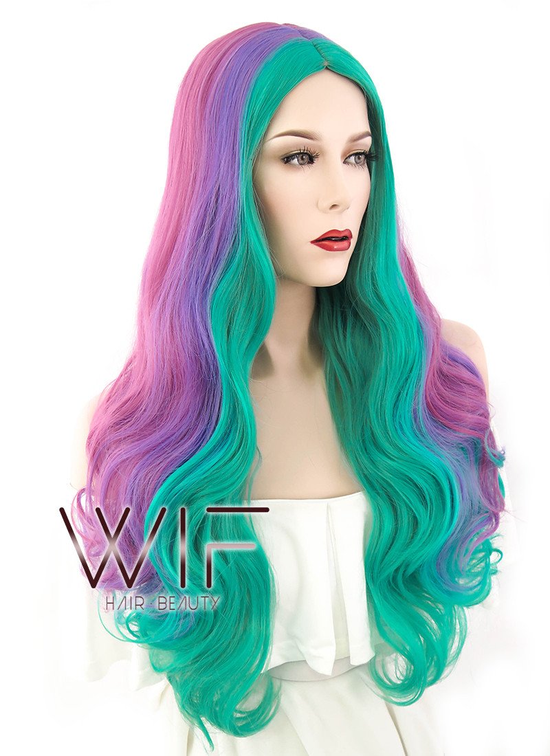 24" Long Curly Pink Purple Green Mixed Fashion Synthetic Hair Wig WIG209