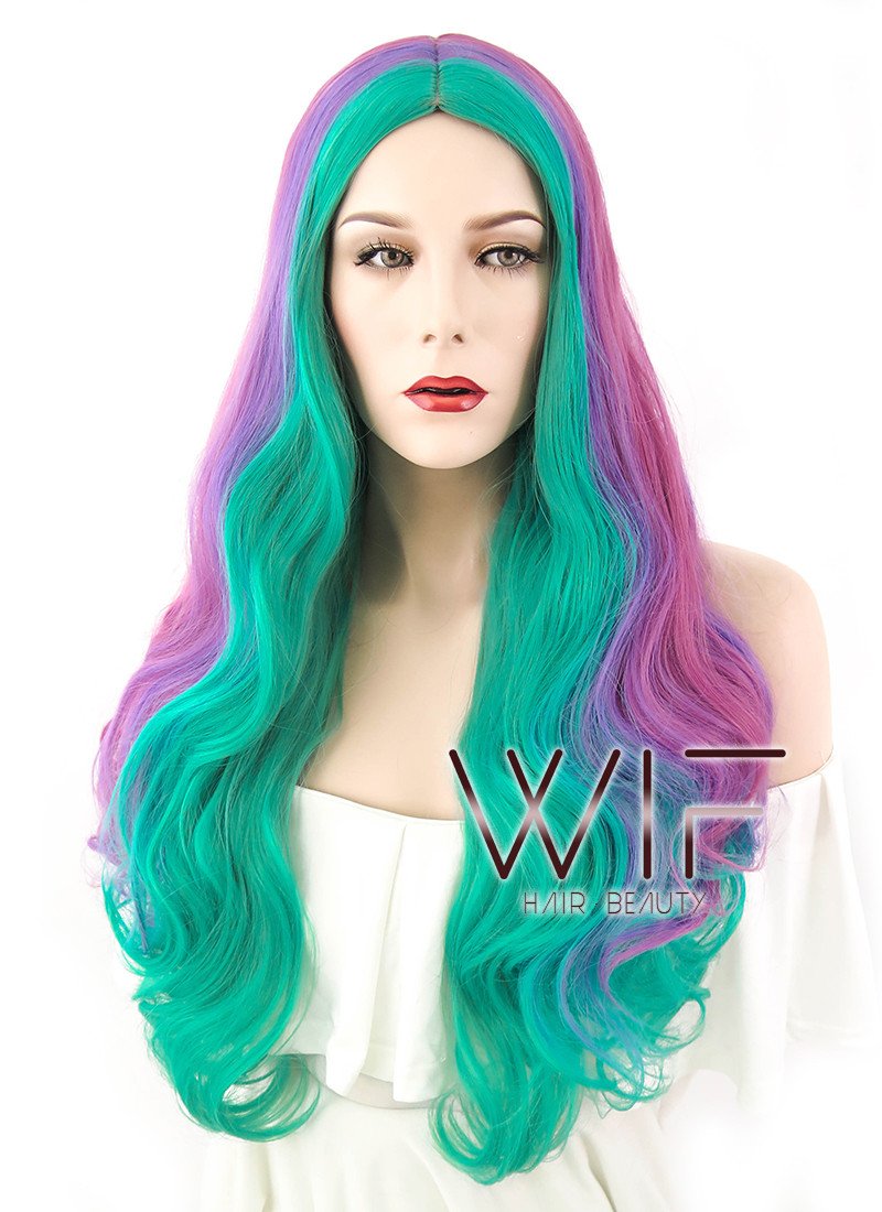 24" Long Curly Pink Purple Green Mixed Fashion Synthetic Hair Wig WIG209
