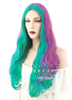 24" Long Curly Pink Purple Green Mixed Fashion Synthetic Hair Wig WIG209