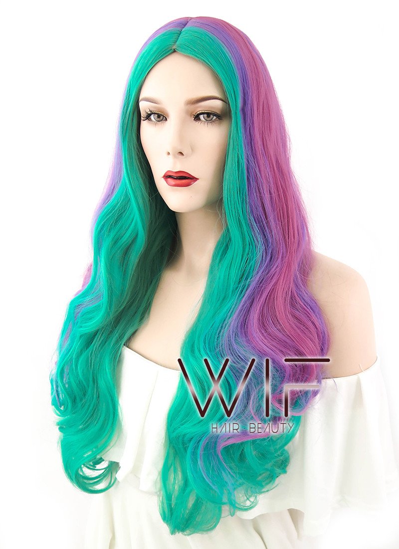 24" Long Curly Pink Purple Green Mixed Fashion Synthetic Hair Wig WIG209