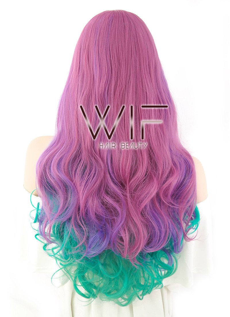 24" Long Curly Pink Purple Green Mixed Fashion Synthetic Hair Wig WIG209