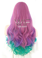 24" Long Curly Pink Purple Green Mixed Fashion Synthetic Hair Wig WIG209