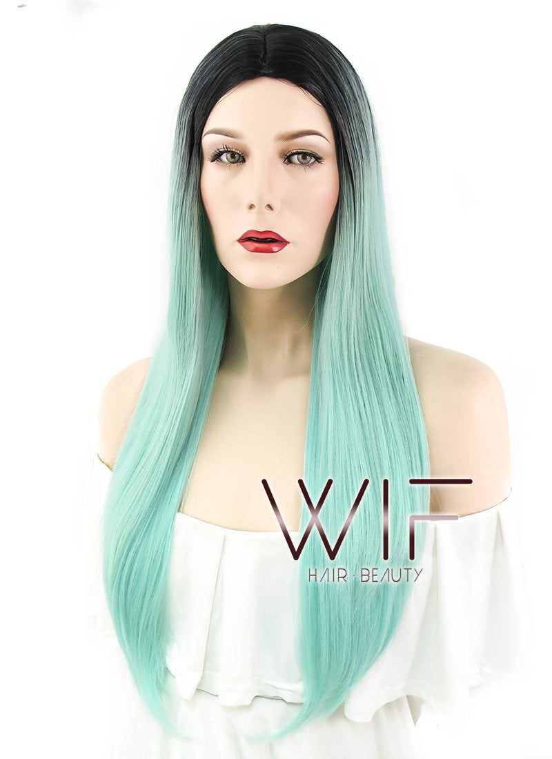 25" Straight Green With Dark Roots Synthetic Wig WIG301