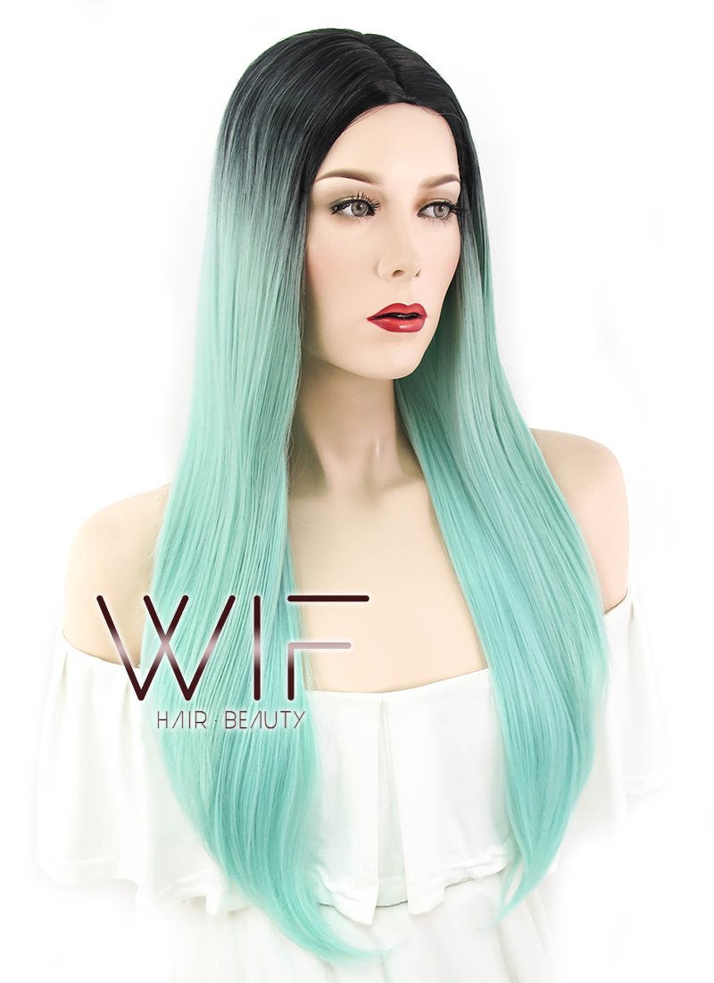 25" Straight Green With Dark Roots Synthetic Wig WIG301