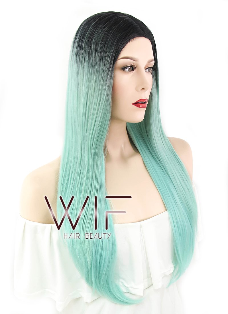 25" Straight Green With Dark Roots Synthetic Wig WIG301