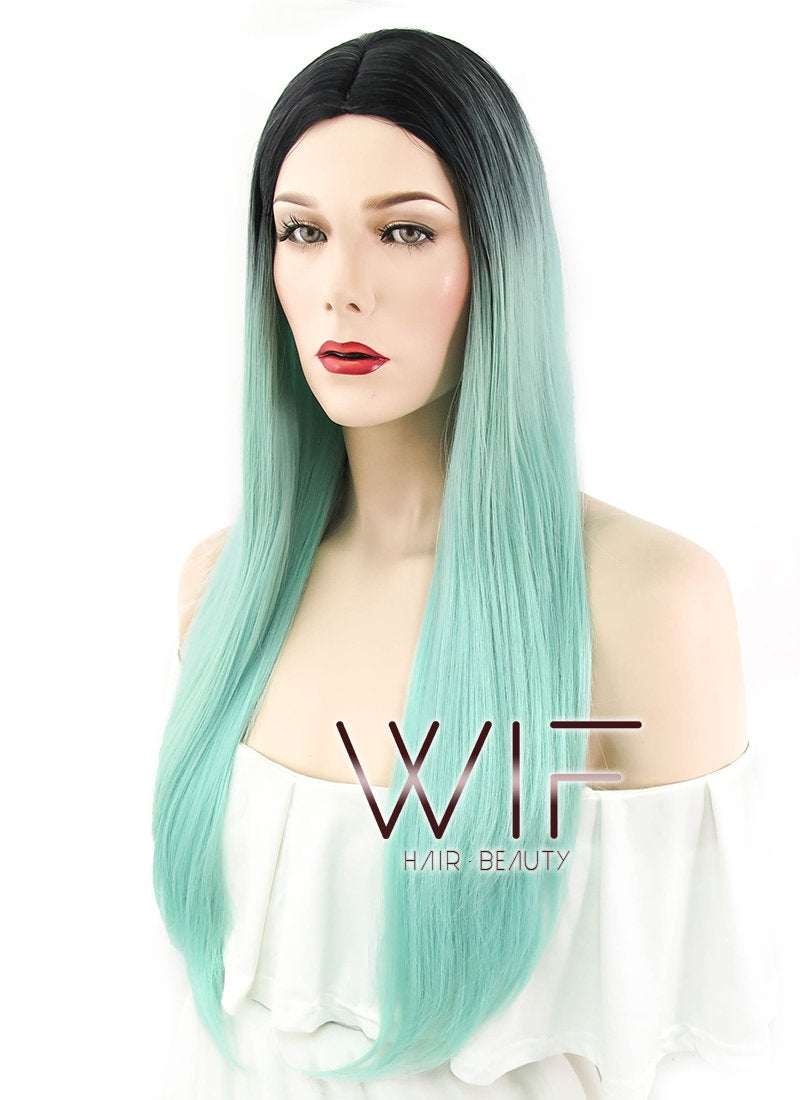 25" Straight Green With Dark Roots Synthetic Wig WIG301