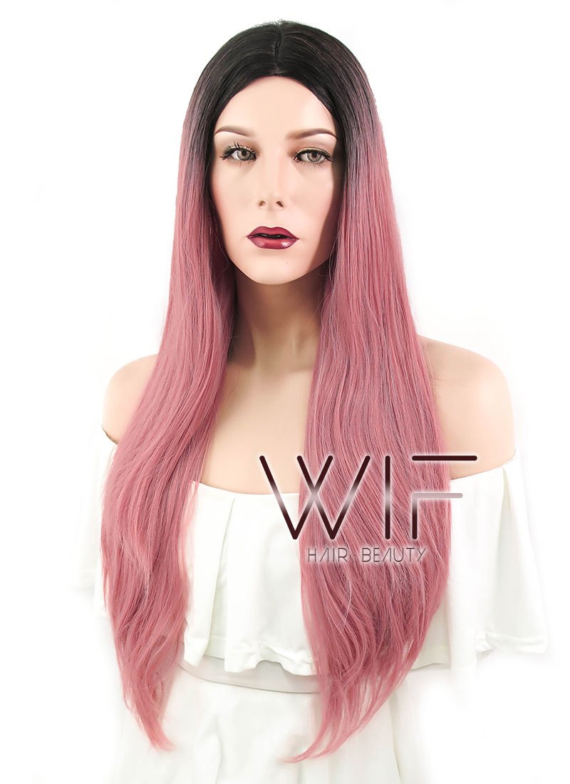 28" Straight Milkshake Pink With Dark Roots Synthetic Wig WIG302
